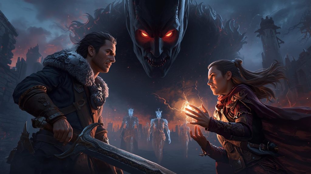 Hero Characters with a Villian in the background.